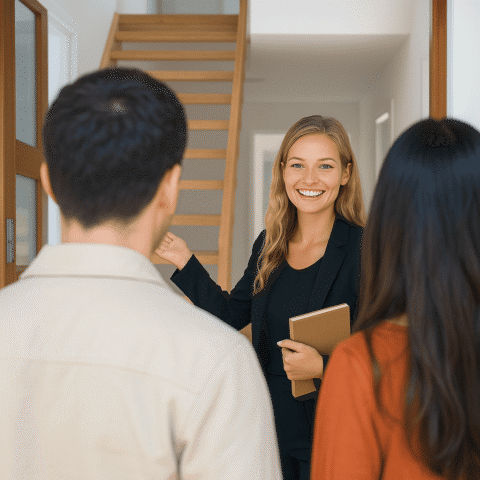 Ein Frau im Austausch mit zwei Menschen in einem Haus.