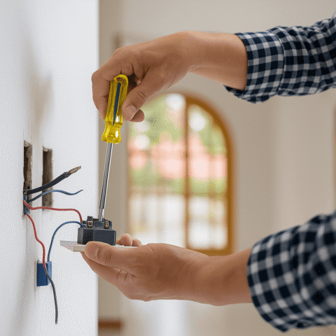 Zwei Hände halten einen Schraubendreher und Stromkabel.