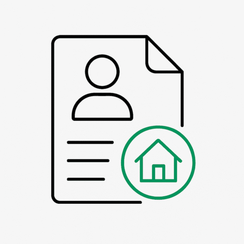 Ein stilisierter Papierbogen mit einer Person und einem Haus als Icon.