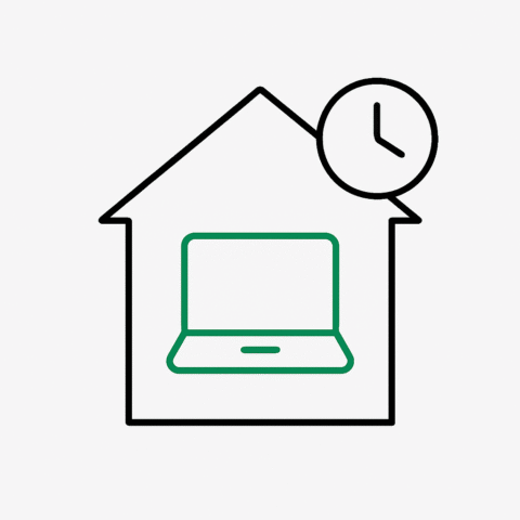 Ein stilisiertes Haus, in dem ein Laptop steht und eine Uhr zu sehen ist als Icon.