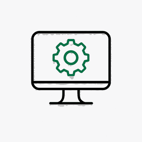 Ein stilisierter Bildschirm mit einem Zahnrad in der MItte als Icon.