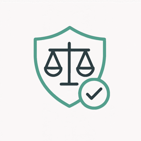 Ein stilisiertes Wappen mit einer Waage und einem Check-Haken als Icon.