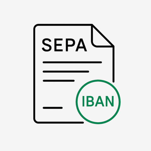 Ein stilisierter Papierbogen auf dem SEPA und IBAN stehen als Icon.