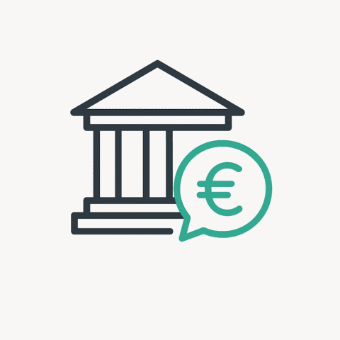 Stiliisiertes Bankengebäude und ein Euro-Zeichen als Icon.