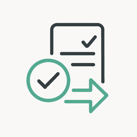Ein stilisiertes Dokument, ein grüner Pfeil und ein Check-Haken als Icon.